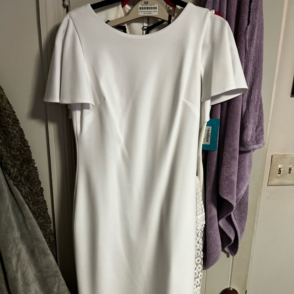 Calvin Klein white dress perfect for a bridal shower